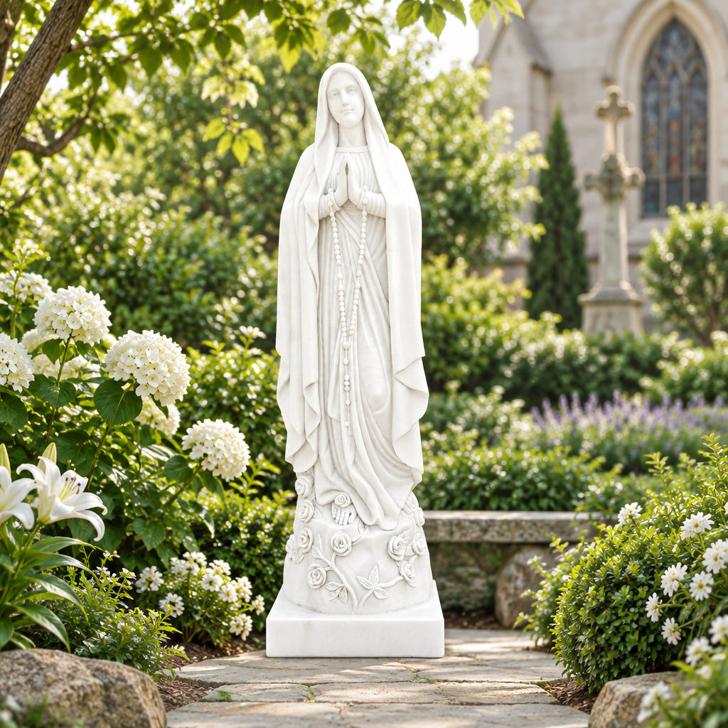Our Lady of the Rosary White Marble Statue – CHS-105