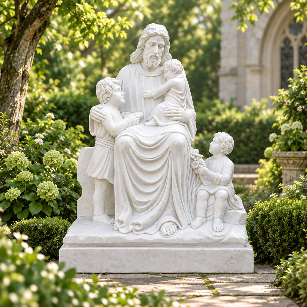 Christ Blessing the Three Children White Marble Statue – CHS-1914